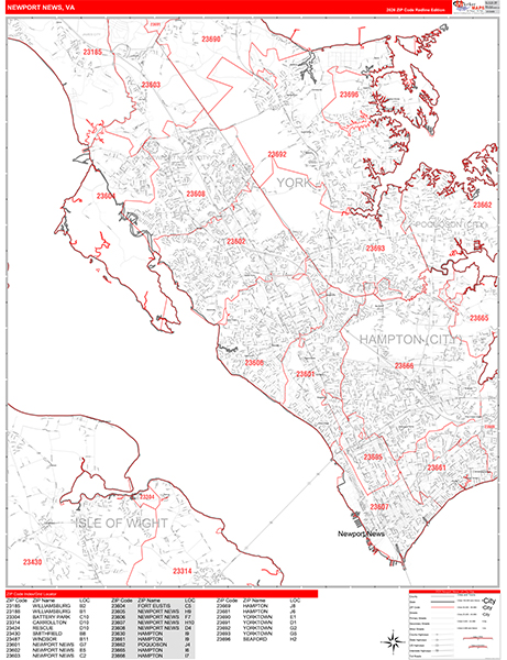 Newport News Wall Map Red Line Style